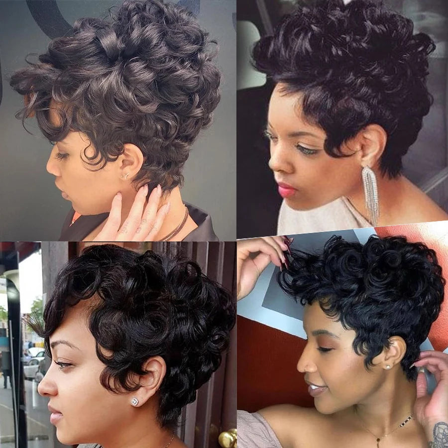 Short Human Hair Wigs Pixie Cut For Black Women Remy Curly Brazilian Summer Brown Wig Human Hair Glueless Full Machine Made Wigs