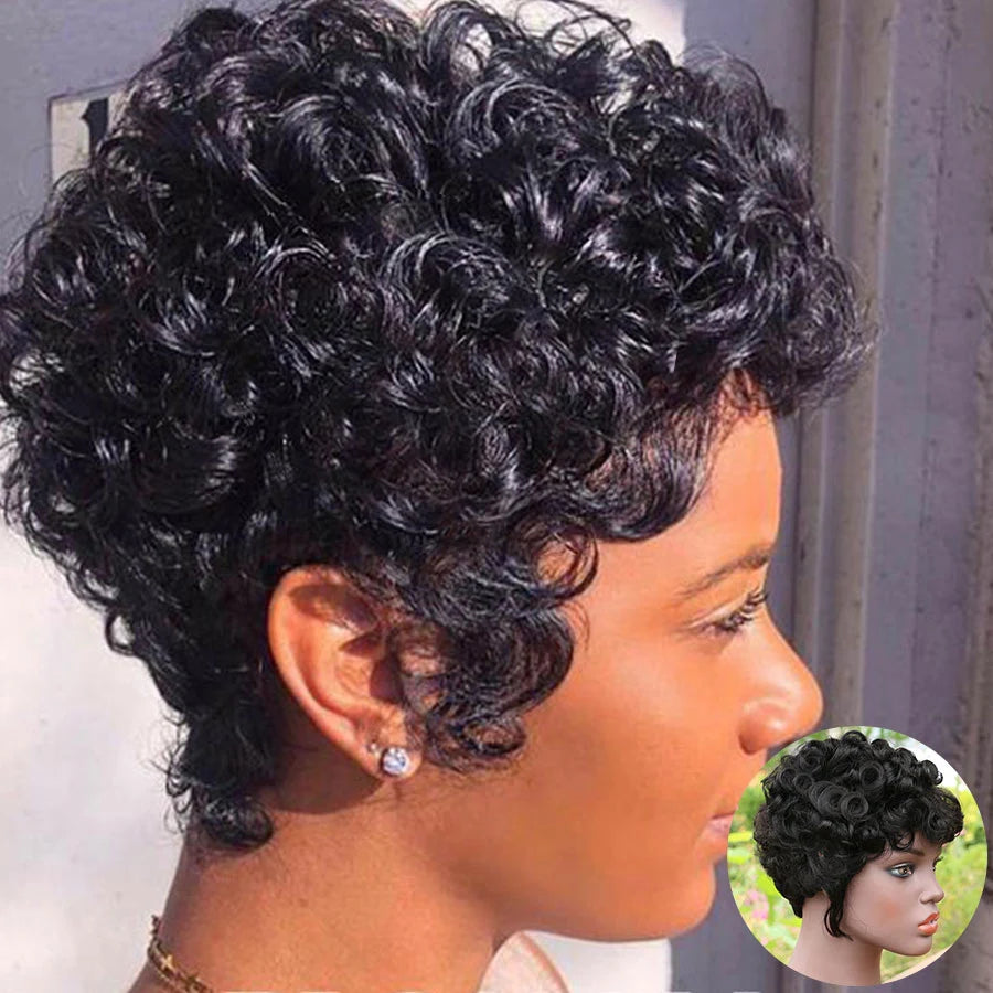 Short Human Hair Wigs Pixie Cut For Black Women Remy Curly Brazilian Summer Brown Wig Human Hair Glueless Full Machine Made Wigs