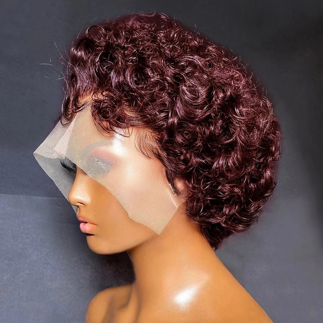 99J Burgundy Highlight Honey Colored Short Curly Pixie Cut Lace Wig Pre plucked