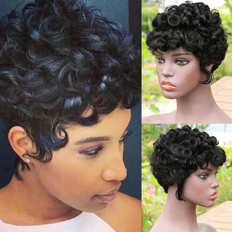 Short Human Hair Wigs Pixie Cut For Black Women Remy Curly Brazilian Summer Brown Wig Human Hair Glueless Full Machine Made Wigs