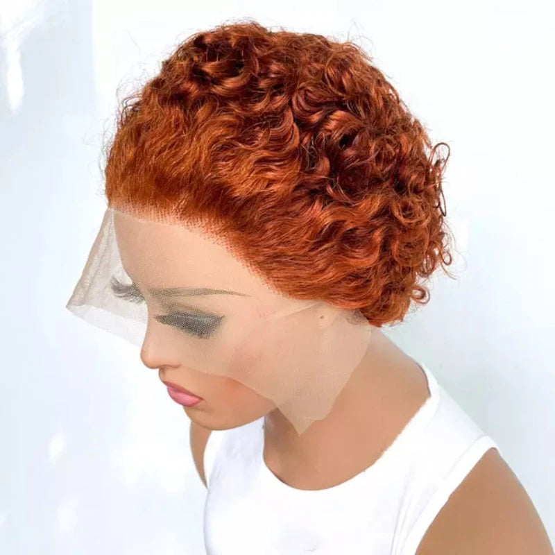 99J Burgundy Highlight Honey Colored Short Curly Pixie Cut Lace Wig Pre plucked