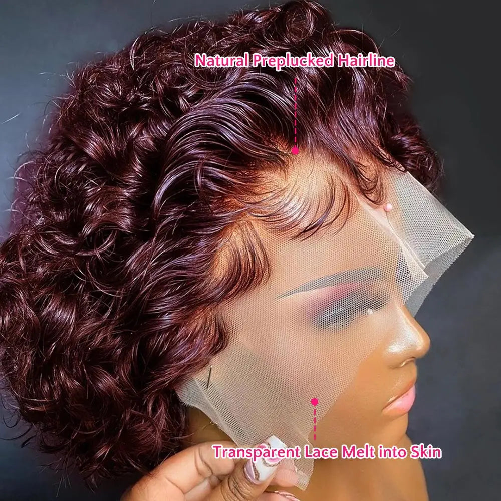 99J Burgundy Highlight Honey Colored Short Curly Pixie Cut Lace Wig Pre plucked