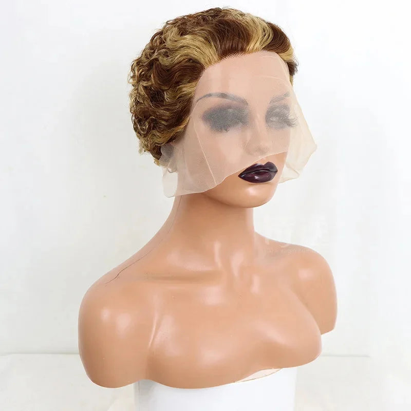 99J Burgundy Highlight Honey Colored Short Curly Pixie Cut Lace Wig Pre plucked