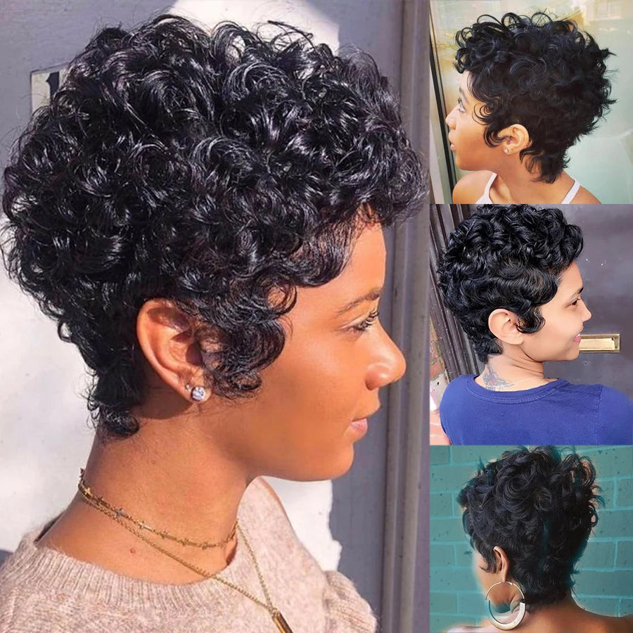 Short Human Hair Wigs Pixie Cut For Black Women Remy Curly Brazilian Summer Brown Wig Human Hair Glueless Full Machine Made Wigs