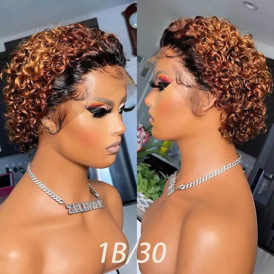 99J Burgundy Highlight Honey Colored Short Curly Pixie Cut Lace Wig Pre plucked